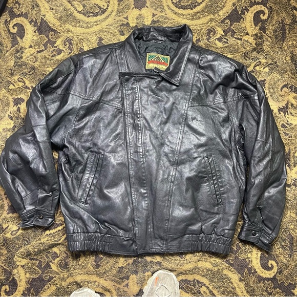Vtg Anchor Blue Leather Bomber Pockets Black Jacket Mens Size XL‎